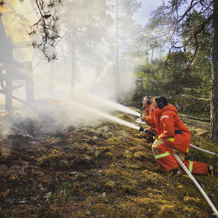 Två kustbevakare sprutar vatten på en pågående brand, i skogslik miljö