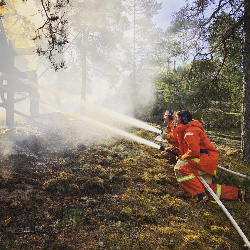 Två kustbevakare sprutar vatten på en pågående brand, i skogslik miljö