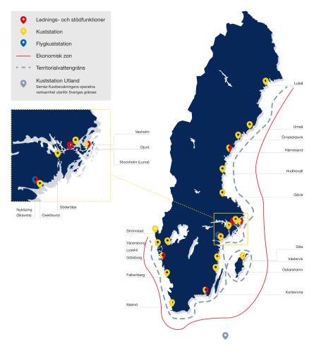 Karta över kuststationer, ekonomisk zon och  territorialvattengräns. Illustration: Kustbevakningen.